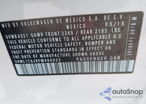 2015 Volkswagen Jetta 1.8T Sel z USA, uszkodzony, nr VIN 3VWL17AJ9FM400023